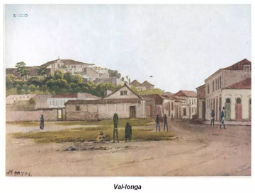 Pintura da Rua do Valongo, ao fundo, a Capela da Chácara Madre. Fonte:
Thomas Ender, 1817.